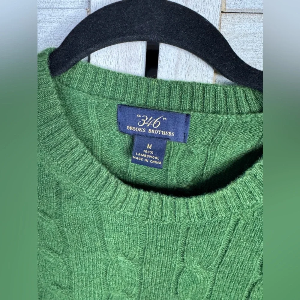 Brooks Brothers 365 Lambswool Green Cable Knit Crewneck Sweater Medium Preppy